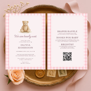 All in One Teddy Bear Pink Gingham Baby Shower Invitation
