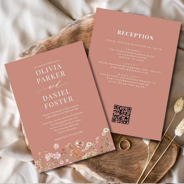 All in One Terracotta Wildflower QR Code Wedding  Invitation (Creator Uploaded)