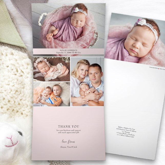 All in One Thank You and Birth 5 Girl Baby Photo Tri-Fold Announcement (Multi Photo Baby Birth Announcement and Thank You card on all-in-one trifold design.)