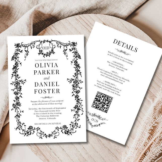 All in One Victorian Black Wedding Monogram Invitation (Creator Uploaded)