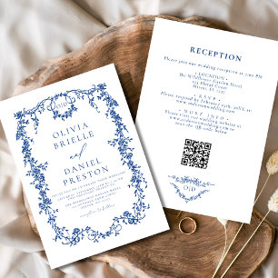 All In One Victorian Blue French QR Code Wedding Invitation