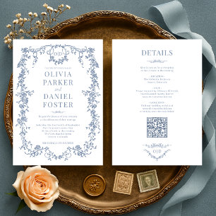 All in One Victorian Dusty Blue Wedding Monogram Invitation