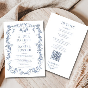 All in One Victorian Dusty Blue Wedding Monogram Invitation