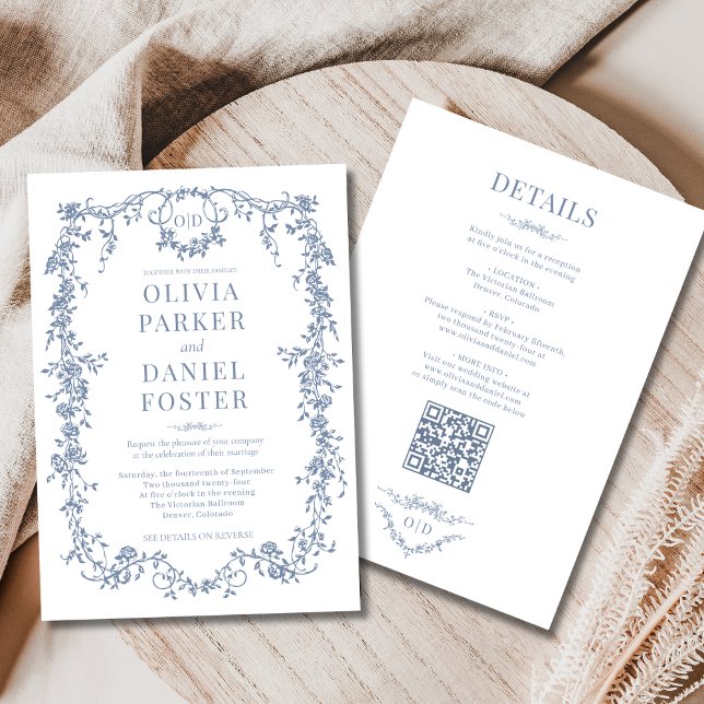 All in One Victorian Dusty Blue Wedding Monogram Invitation (Creator Uploaded)