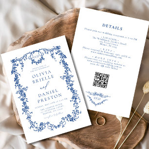 All In One Victorian French Blue QR Code Wedding Invitation
