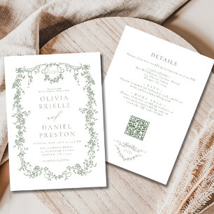 All In One Victorian Sage Green QR Code Wedding Invitation