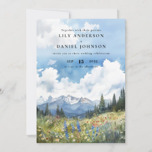 All In One Watercolor Mountain Wildflower Wedding Invitation