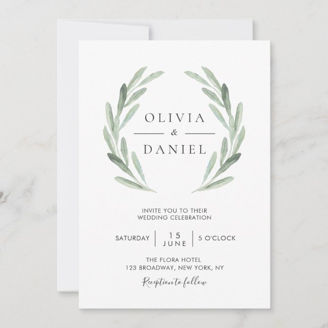 All In One Watercolor Olive Leaf Wreath Wedding Invitation (Front)