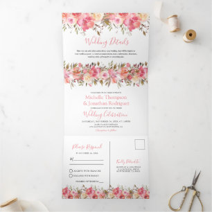 All in One Watercolor Pink Floral Wedding Tri-Fold Invitation