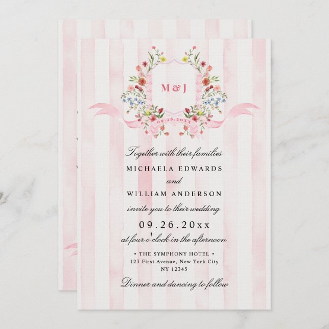 All In One Watercolor Regency Crest QR Wedding Invitation (Front/Back)