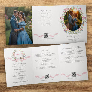 All In One Watercolor Regency Crest QR Wedding Tri-Fold Invitation