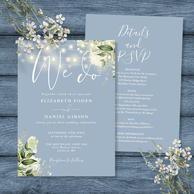 All In One We Do Floral Lights Dusty Blue Wedding Invitation (All In One We Do Floral Lights Dusty Blue Wedding Invitation)