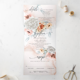 All in One Wedding  Coral Flowers  Tri-Fold Invitation