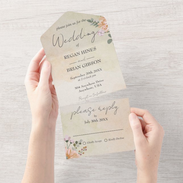 All in One Wedding Floral Rustic Invitation (Tearaway)