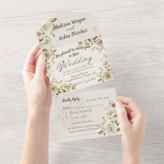 All in One Wedding Invitation and RSVP White Roses