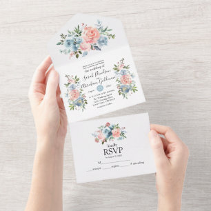 All In One Wedding Invitations Pink Blue Floral