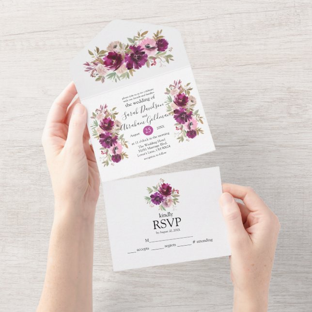 All In One Wedding Invitations Purple White Floral (Tearaway)
