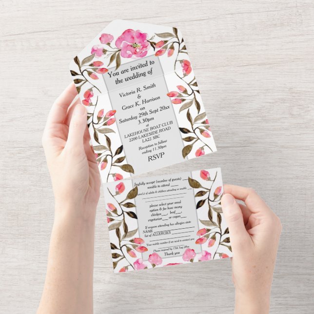 All in One Wedding Invite - Floral Rose Soft Pink (Tearaway)