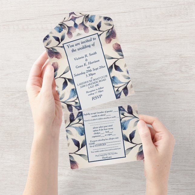 All in One Wedding Invite - Lilac Foliage Floral  (Tearaway)