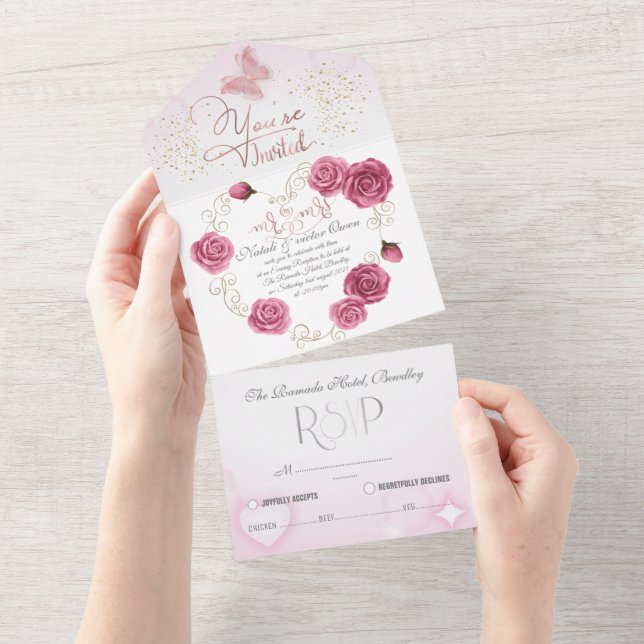 All in One Wedding Invite para boda con rosas (Tearaway)
