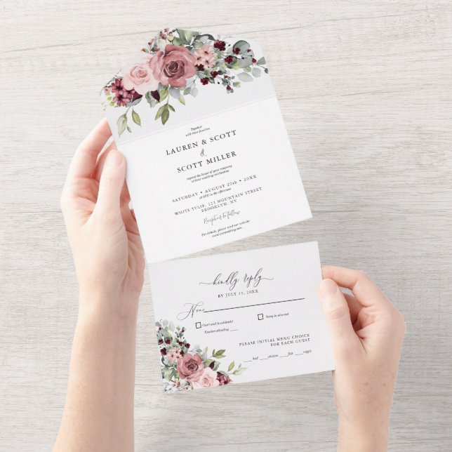 All in One Wedding Invite with Pink Flowers (Tearaway)