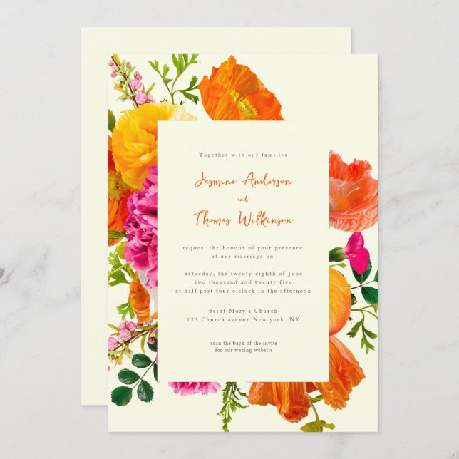 all in one wedding qr code orange poppy wedding invitation (Front/Back)
