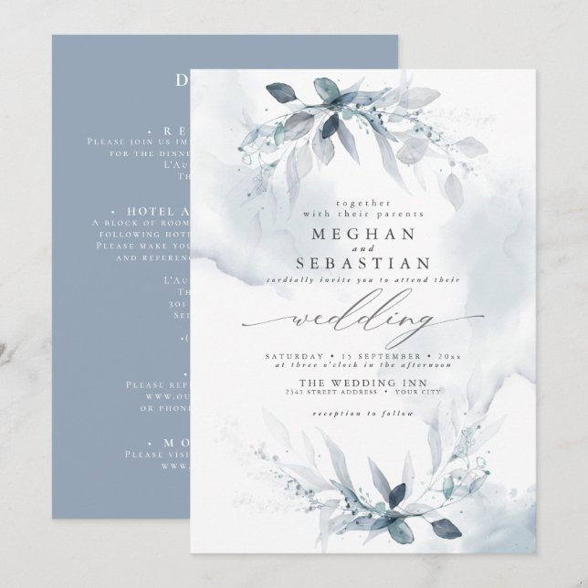 ALL in ONE Wedding Watercolor Blue Invitation (Front/Back)
