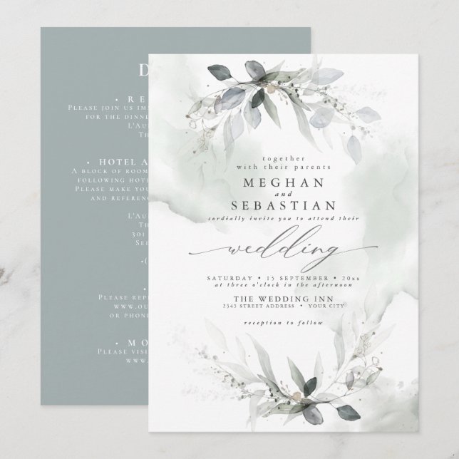 ALL in One  Wedding Watercolor Greenery Invitation (Front/Back)