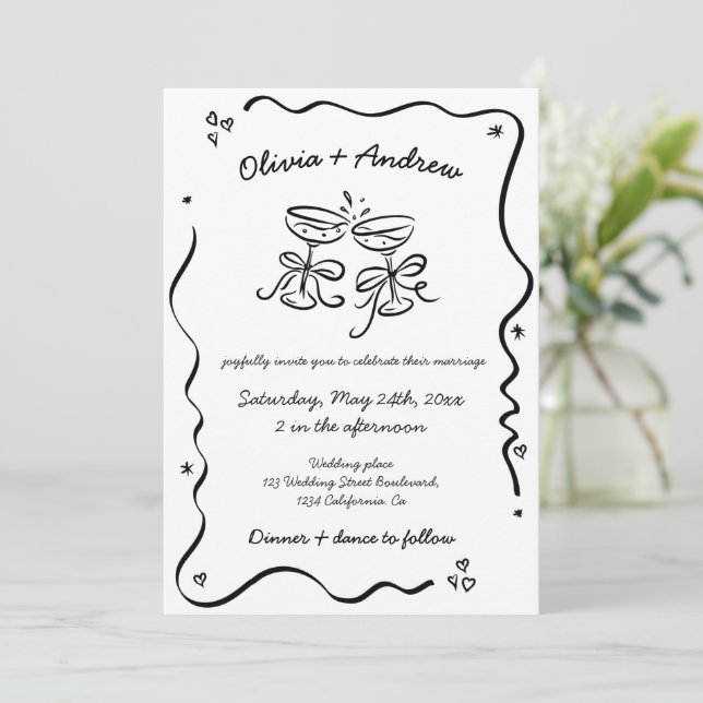 All in One Whimsical Funky Hand Drawn Wedding  Invitation (Standing Front)