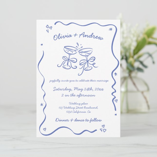 All in One Whimsical Funky Hand Drawn Wedding  Invitation (Standing Front)