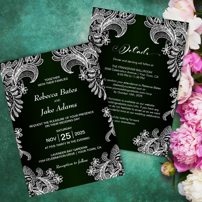 All In One White Lace Green Wedding Invitation (Creator Uploaded)