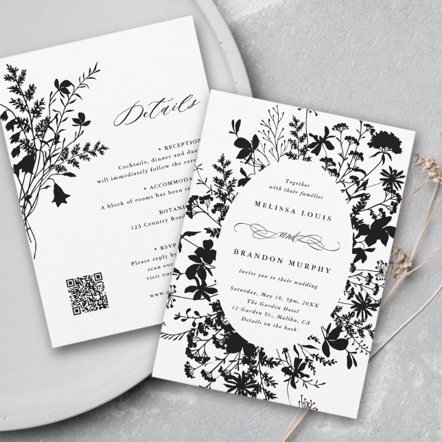 All In One Wildflower Frame Black & White Wedding Invitation (Front & Back)