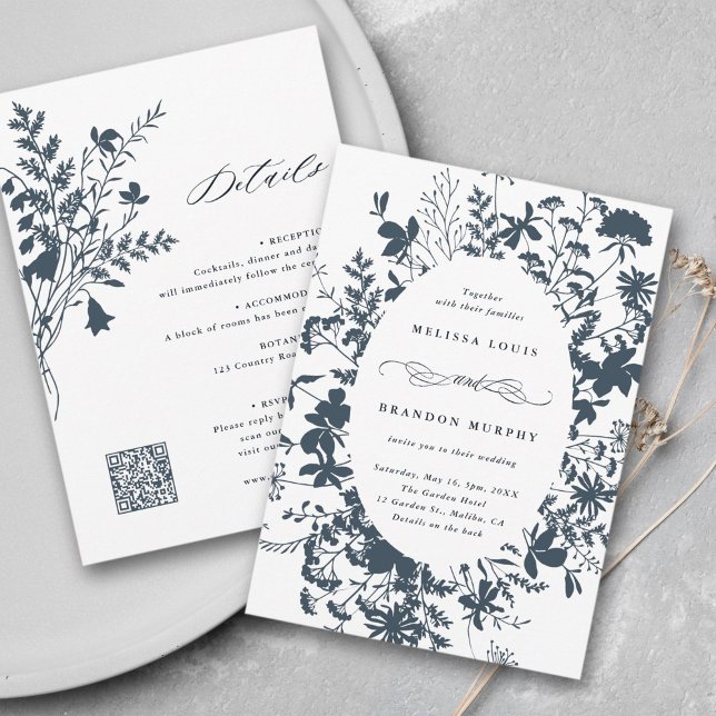 All In One Wildflower Frame Navy & White Wedding   Invitation (Front & Back)