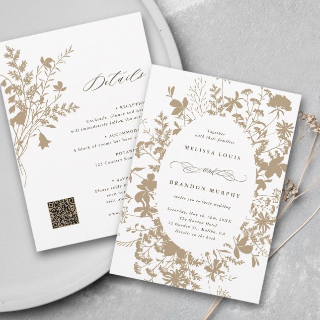 All In One Wildflower Frame Wedding Tan & White Invitation (Front & Back)