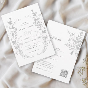 All In One Wildflower Wreath Grey & White Wedding  Invitation