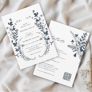 All In One Wildflower Wreath Navy & White Wedding Invitation