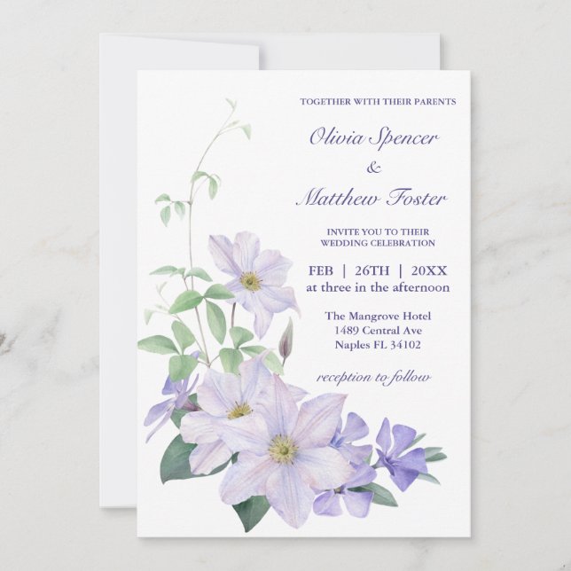 All in one, withe and periwinkle clematis Wedding Invitation (Front)
