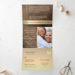 All in One Wood Photo Wedding Tri-Fold Invitation