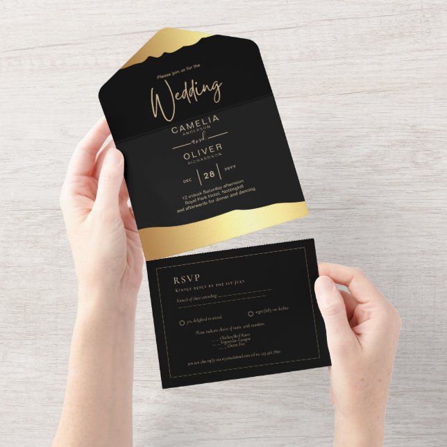 All Inclusive 2 Black Gold Themed Wedding RSVP  All In One Invitation (Tearaway)