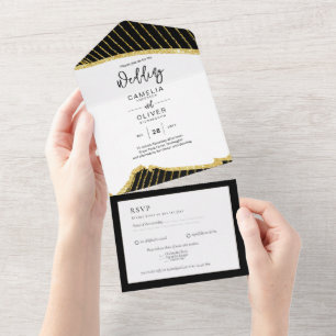 All Inclusive 3 Black Gold Themed Wedding RSVP  All In One Invitation