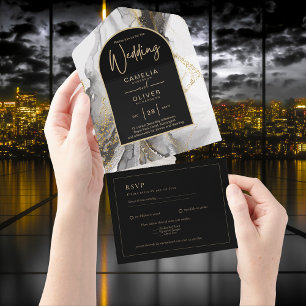 All Inclusive Black Gold elegant Wedding RSVP All In One Invitation