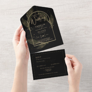 All Inclusive Black Gold Elegant Weddinng RSVP All In One Invitation