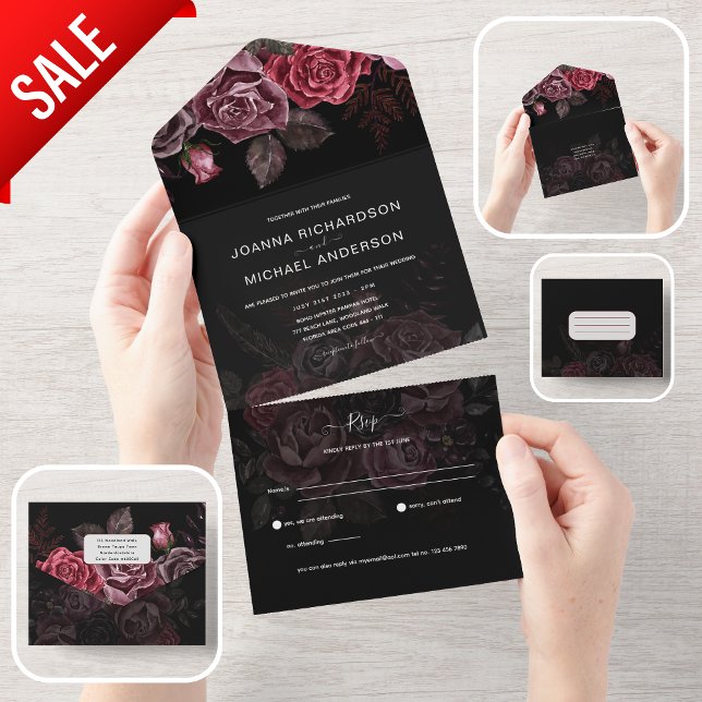 All Inclusive Burgundy Black Gothic Roses RSVP In One Invitation (Creator Uploaded)