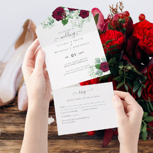 All Inclusive Deep Red Roses Wedding RSVP All In One Invitation