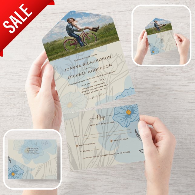 All Inclusive Dusty Blue Cream PHOTO Wedding RSVP All In One Invitation (Creator Uploaded)