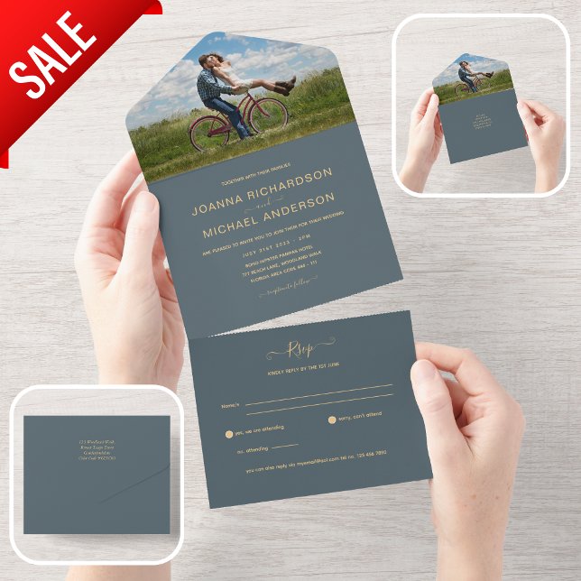 All Inclusive Dusty Blue PHOTO Wedding RSVP All In One Invitation (Creator Uploaded)
