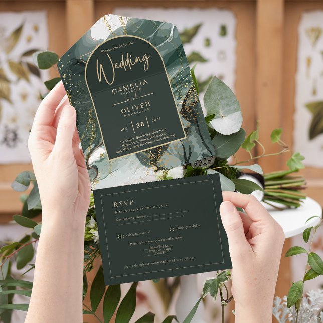 All Inclusive Emerald Green Gold Wedding RSVP All In One Invitation (Creator Uploaded)