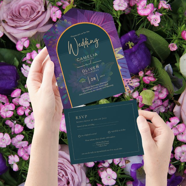 All Inclusive Jewel Tone Purple Green Wedding RSVP In One Invitation (Creator Uploaded)