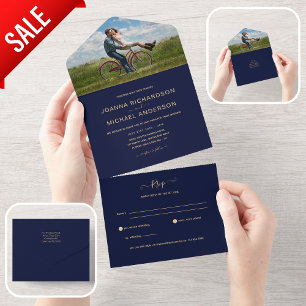 All Inclusive Navy Gold PHOTO Wedding RSVP In One Invitation