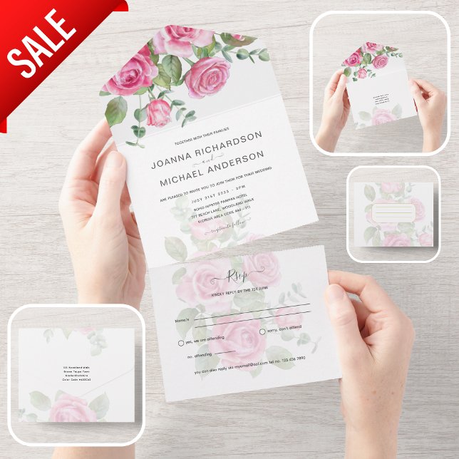 All Inclusive PINK Roses Wedding Floral RSVP In One Invitation (Creator Uploaded)